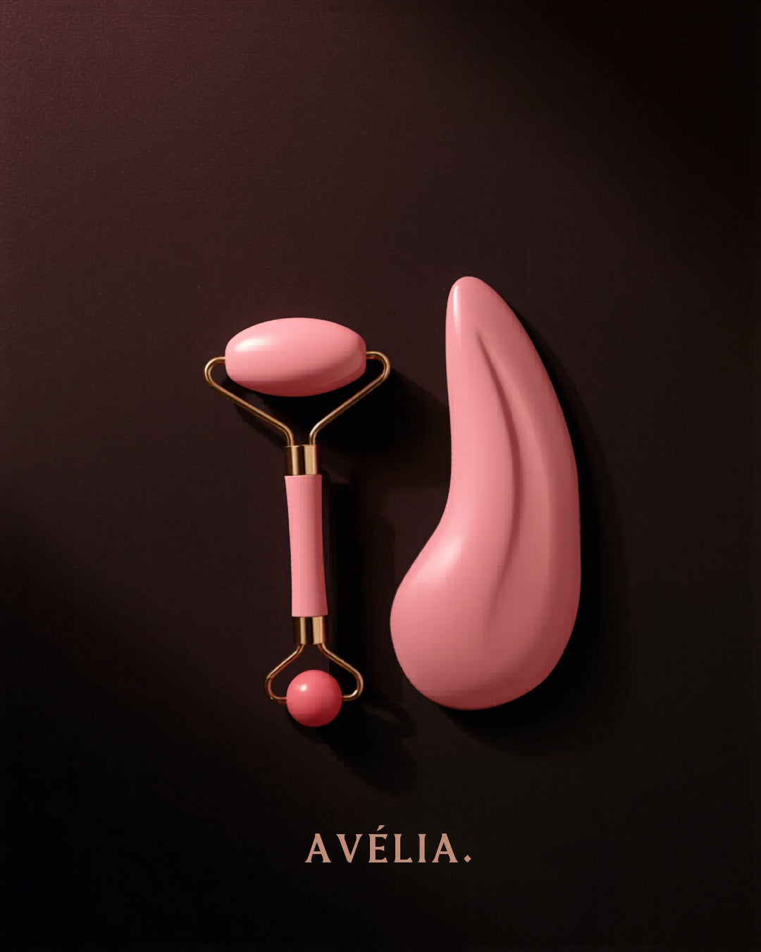 Avélia™ Ritual Rosé — roller e gua sha rosa, editorial dark premium