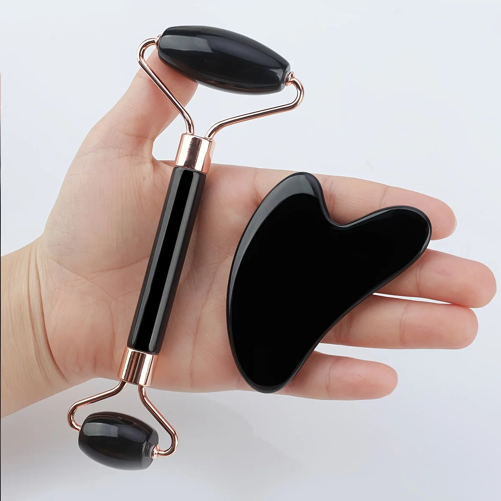 Avélia™ Ritual de Gelo — conjunto completo roller e gua sha de quartzo negro