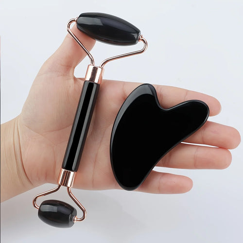 Avélia™ Ritual de Gelo — conjunto completo roller e gua sha de quartzo negro