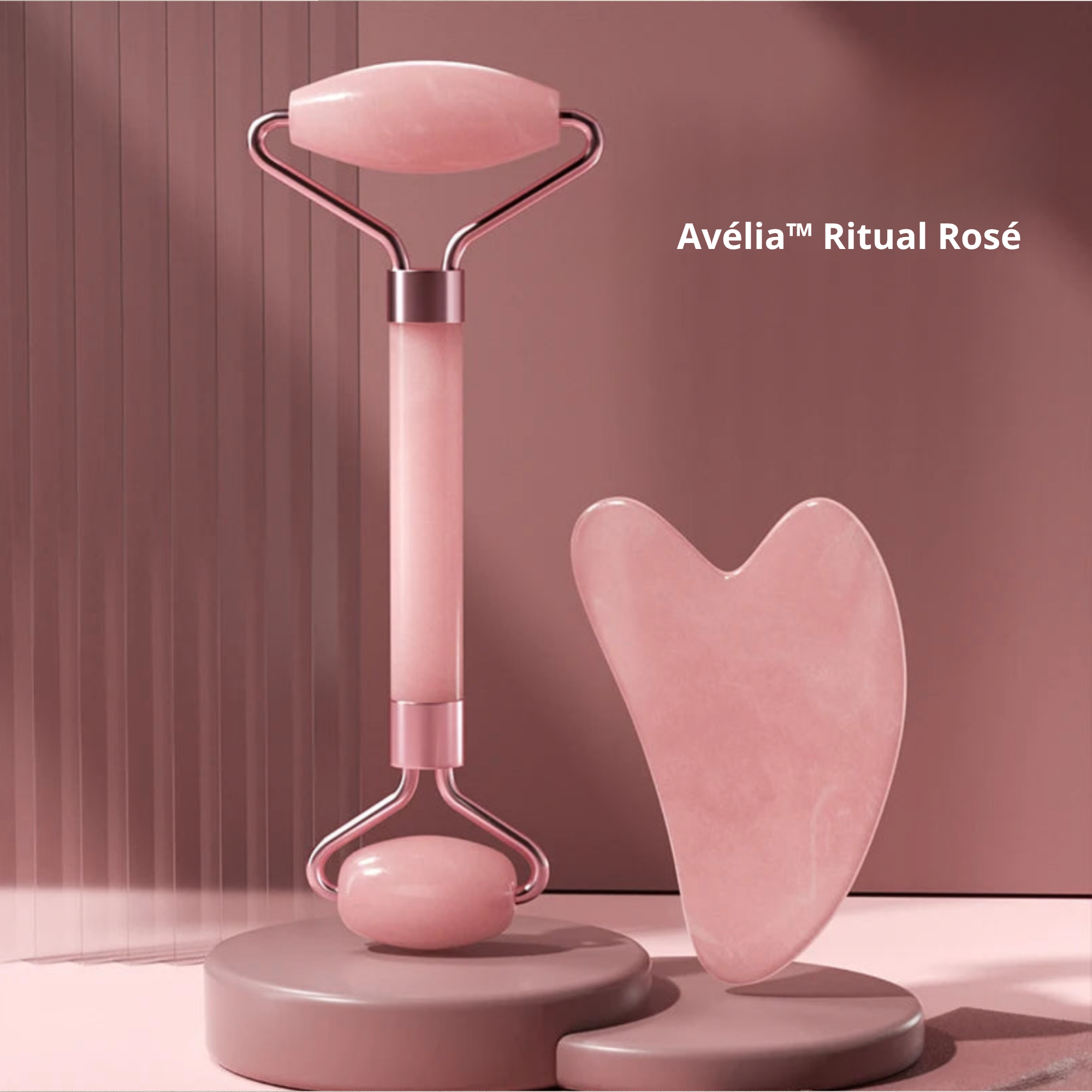 Avélia™ Ritual Rosé — kit completo com roller e pedra gua sha rosa